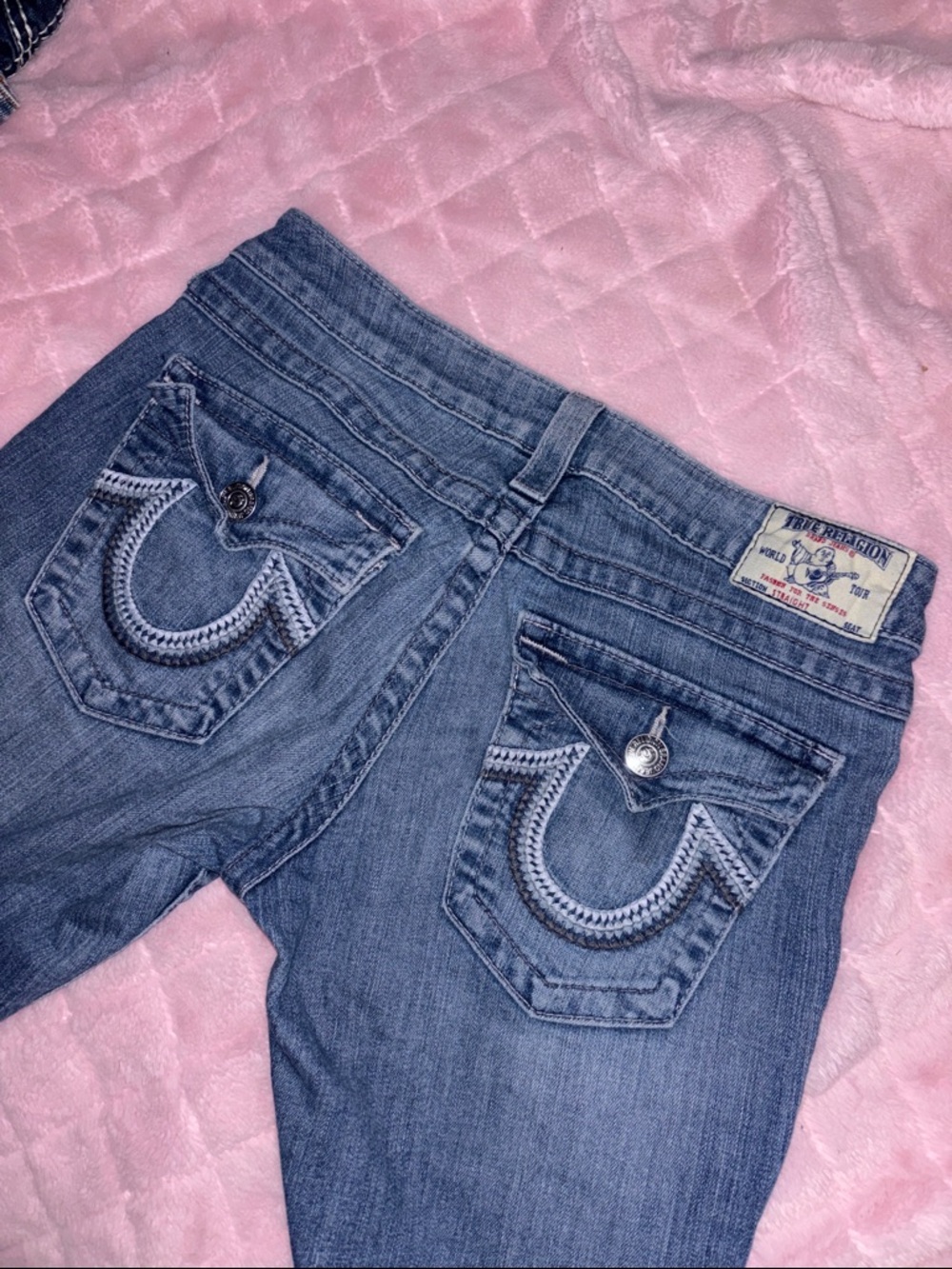 True Religion Women's Light Blue Skinny Jeans with Embroidered Back Pockets